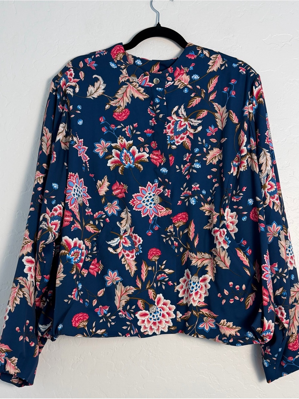 DG2 by Diane Gilman Women's Sz 2X Bomber Style Jacket Navy/Pink Floral Pattern